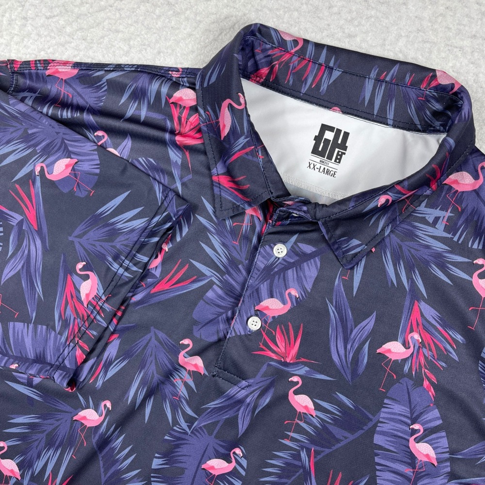 Greater Half Polo Shirt Mens XXL Navy Pink Flamingo Tropical Golf Performance